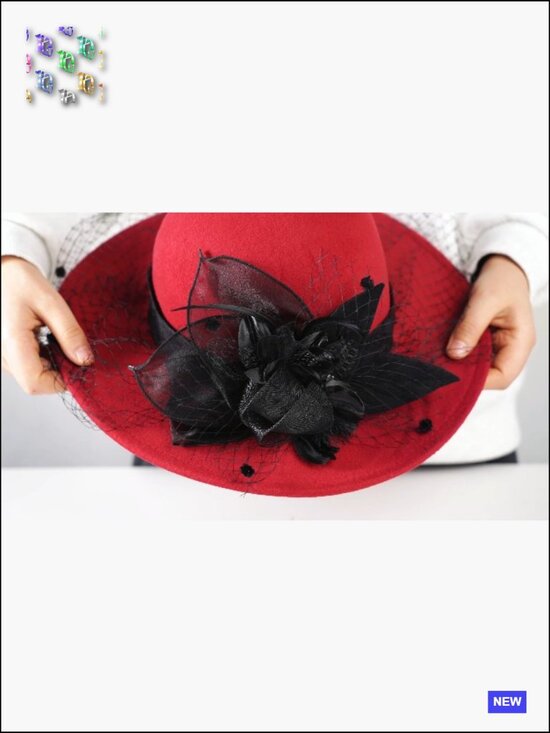 Wide Brim Bowler Church Hat 1920s Retro Felt Fedora Cap Wool Blend Floral